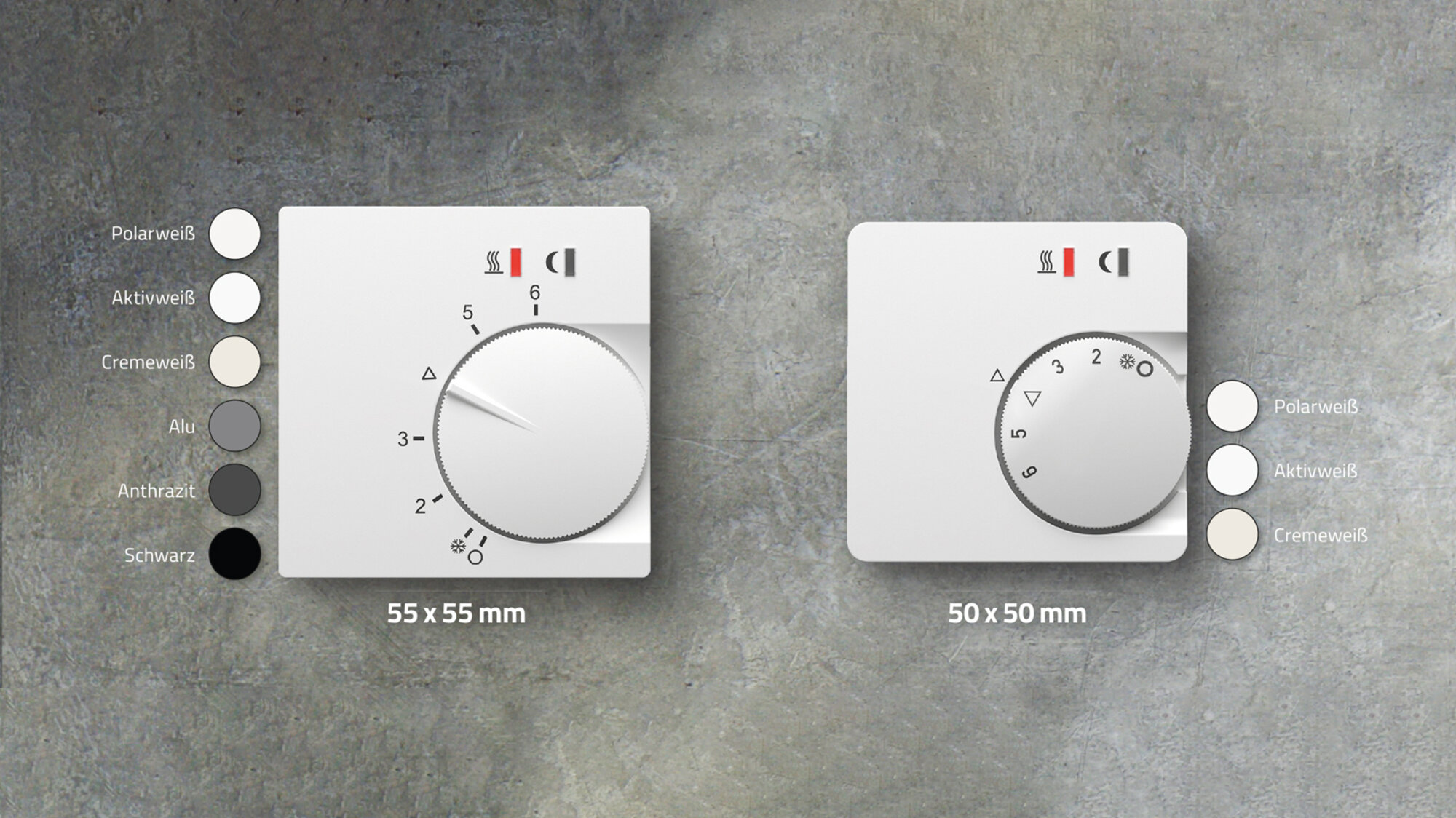 UTE-Unterputz-Thermostat-Einsätze von EBERLE – jetzt in neuen Formaten Zwei moderne Raumthermostate mit Drehregler in unterschiedlichen Formaten und Farbvarianten, dargestellt vor einer Betonoptik-Wand. Die Abbildung zeigt verschiedene Gehäusefarben und Größenoptionen für die Temperaturregelung im Innenbereich.