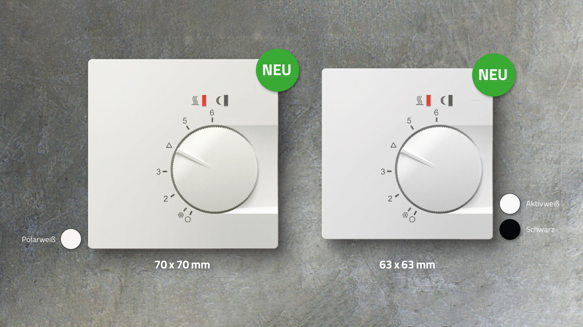 UTE-Unterputz-Thermostat-Einsätze von EBERLE – jetzt in neuen Formaten Zwei moderne Raumthermostate mit Drehregler in unterschiedlichen Baugrößen und Farbvarianten zur Regelung der Raumtemperatur. Die Geräte sind vor einer Betonoptik-Wand dargestellt und veranschaulichen verschiedene Design- und Formatoptionen für den Innenbereich.