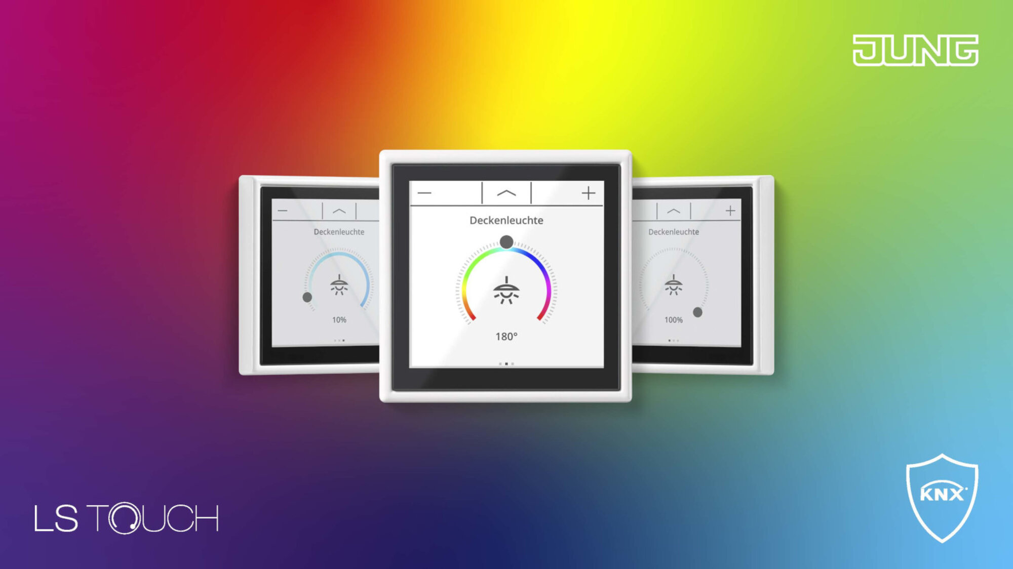 LS TOUCH – der smarte KNX Raumcontroller von JUNG KNX-Touchdisplay zur intuitiven Steuerung von Beleuchtung und Smart-Home-Funktionen. Die Darstellung zeigt verschiedene Bedienansichten zur Anpassung von Helligkeit und Lichtfarbe.