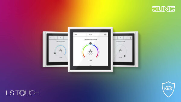 KNX-Touchdisplay zur intuitiven Steuerung von Beleuchtung und Smart-Home-Funktionen. Die Darstellung zeigt verschiedene Bedienansichten zur Anpassung von Helligkeit und Lichtfarbe.